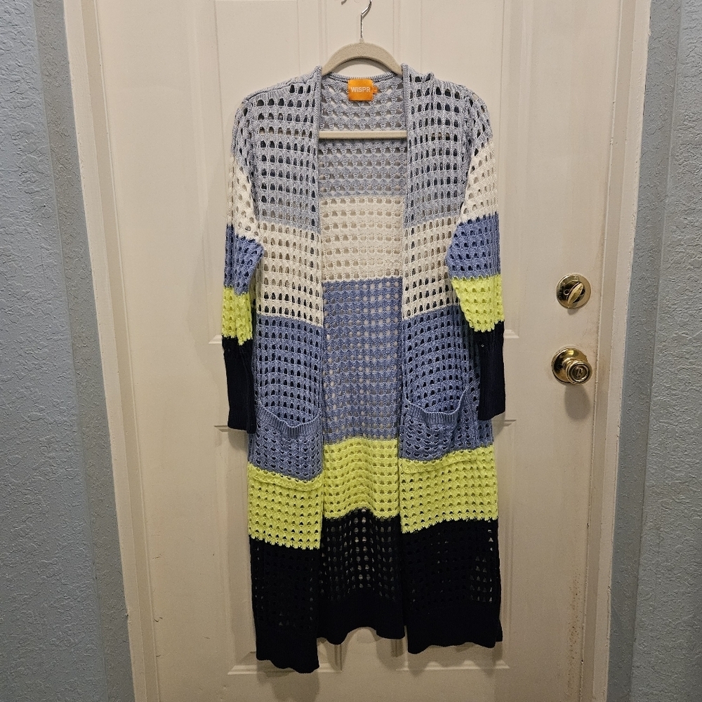 Wispr Pointelle Silk-Blend Maxi Cardigan Color-Block Blue Yellow White Large